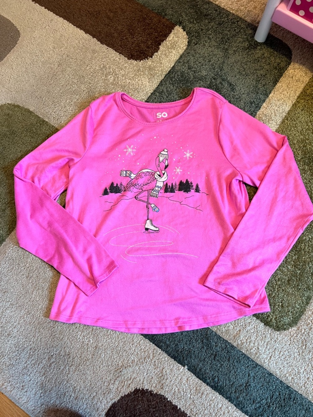 SO Bright Pink Flamingo Ice Skate Long Sleeve Tee